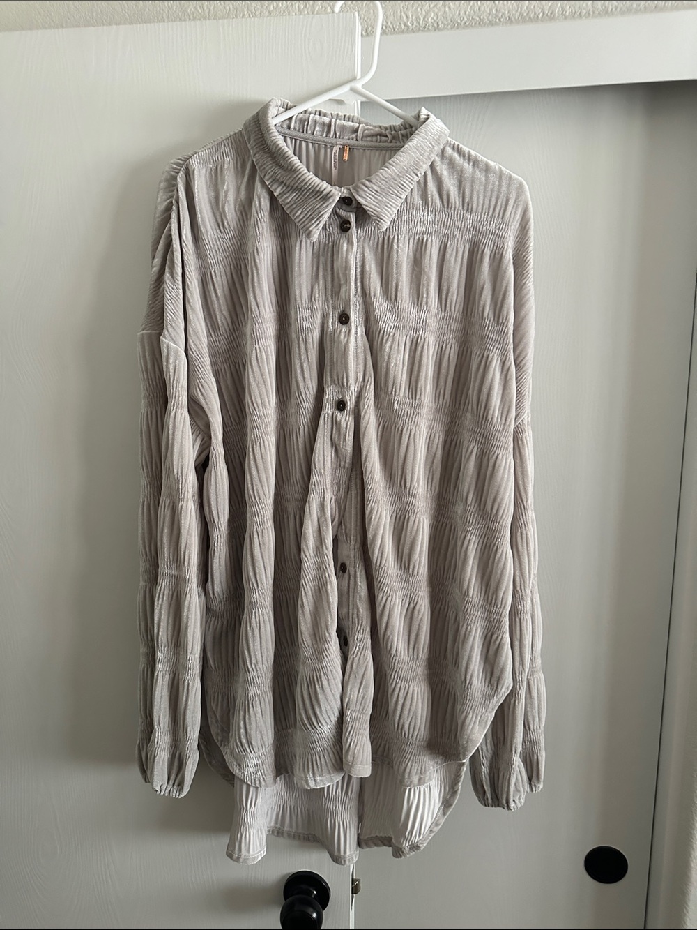 Free People Light Gray Crinkle Button-Down Shirt